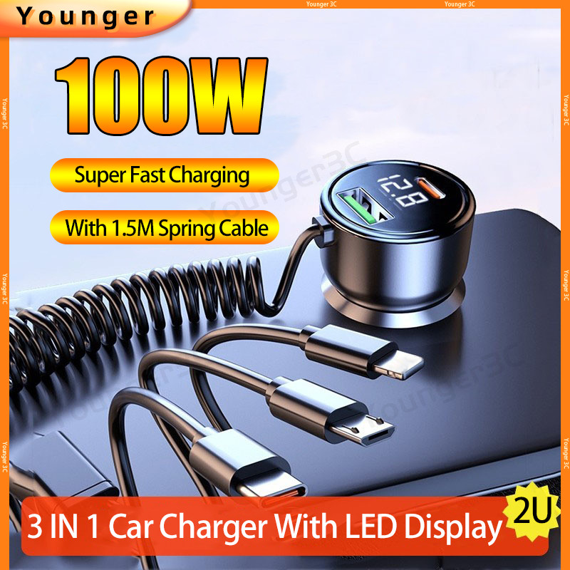 100w Super Fast Car Charger พร้อมสายสปริง 1.5M,3 In 1 อะแดปเตอร์รถพร้อมจอแสดงผล LED, QC + PD รถอะแดปเตอร์ไฟแช็ก,อัจฉริยะ USB รถ Travel ชาร์จ Adoptor