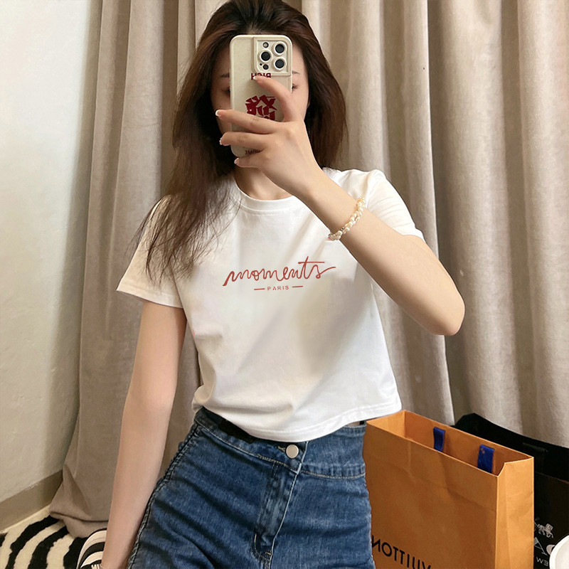 （พร้อมส่งจากกทม มาถึงใน 2วัน）เสื้อผ้าฝ้ายแท้แขนสั้นหลวมสีขาวสำหรับฤดูร้อนสำหรับเสื้อยืดแขนสั้นเอวสูงของสาวร้อน