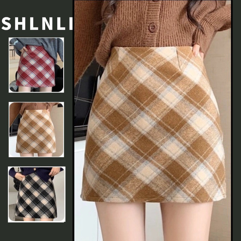 กระโปรงสั้นเอวสูงสำหรับฤดูใบไม้ร่วงและฤดูหนาว สไตล์เกาหลีย้อนยุค ทำให้ดูเรียบหรูและผอมเพรียว