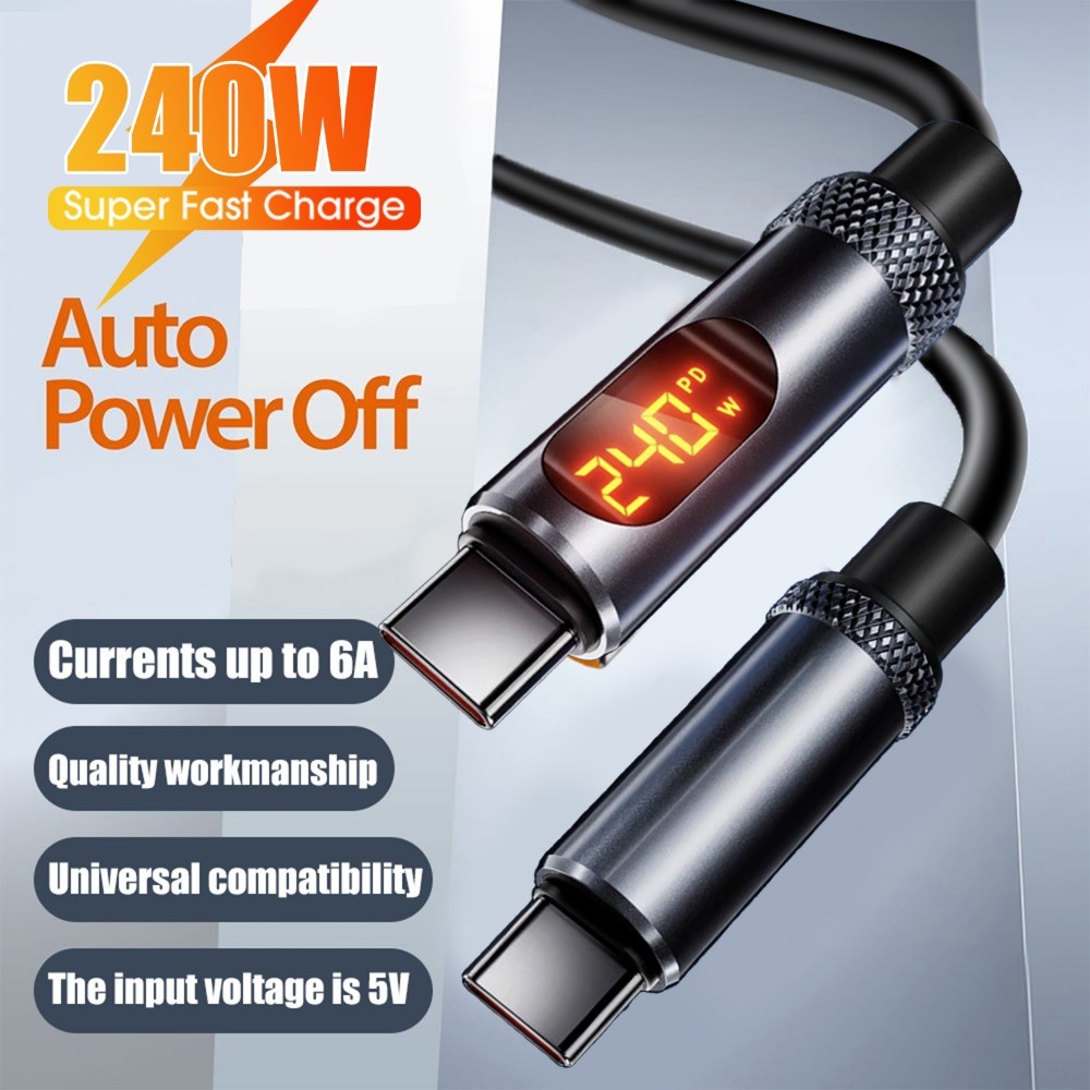 240w สายชาร์จเร็วสุดจอแสดงผลดิจิตอลแบบเรียลไทม์ประเภท C ถึงสายเคเบิลข้อมูล Type C เข้ากันได้กับ IPhone 15/16 Series สายชาร์จ Android