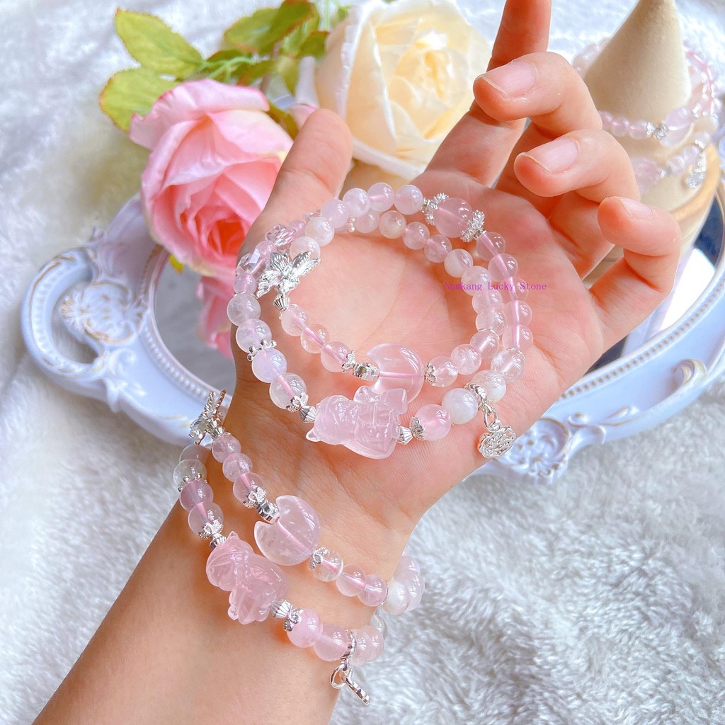 สร้อยข้อมือดีไซน์ 2 วงกลม Pink Snowflake Phantom พร้อม starlight Rose Quartz สไตล์หวาน