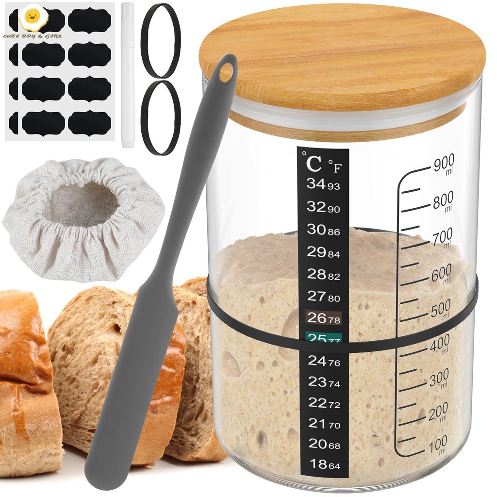 10 ชิ้น Sourdough Starter Jar ชุด 900ml ทนความร้อน Sourdough Starter คอนเทนเนอร์ฝาไม้นํากลับมาใช้ใหม