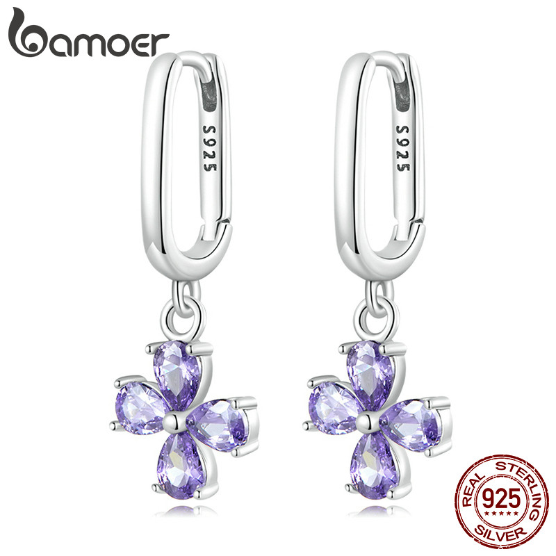 BAMOER บามอส 925เงินสเตอร์ลิงเศษไม้ต่างหูสีม่วงเซอร์โคเนียมข้ามออกแบบของขวัญที่เรียบง่ายสําหรับผู้หญิง วิทย์1428