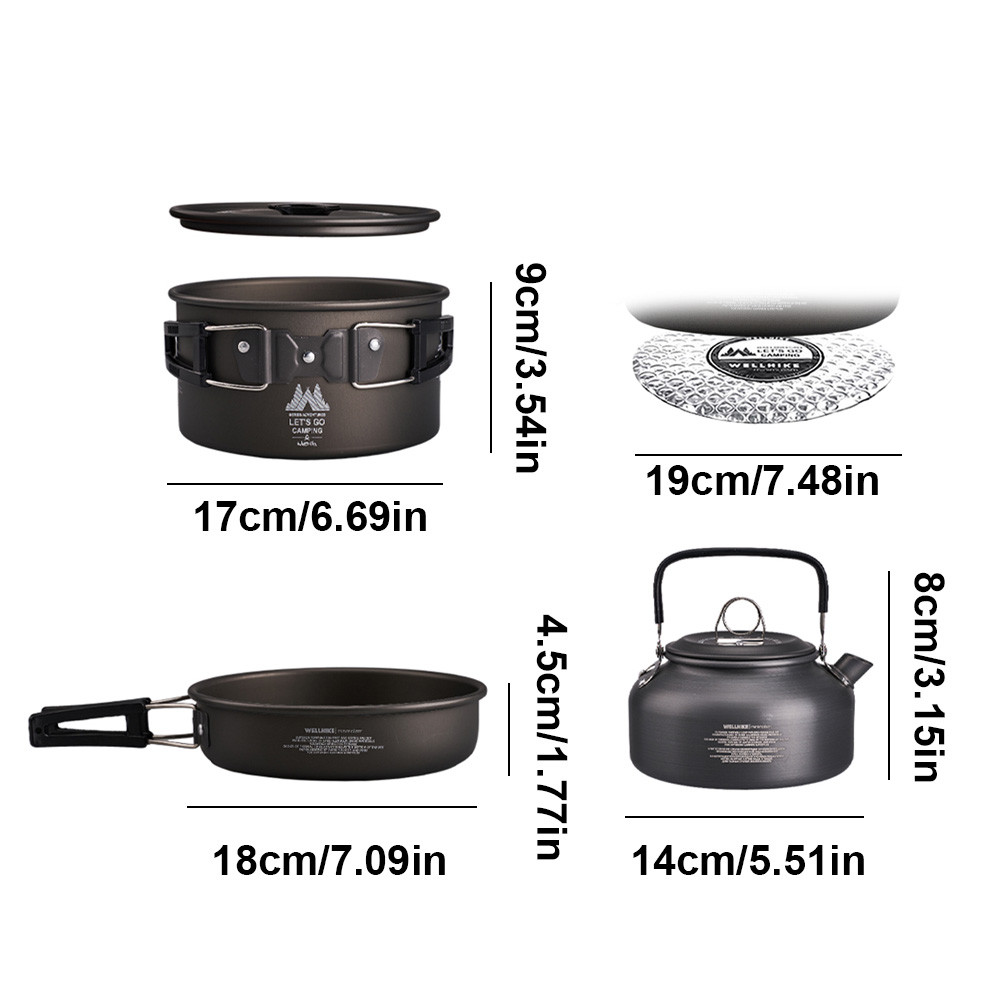 WELLHIKE ชุดเครื่องครัวพกพา 4 ชิ้น พร้อมกาต้มน้ำ หม้อ กระทะ และชุดเครื่องครัวอลูมิเนียมน้ำหนักเบาสำหรับเดินป่า แคมป์ปิ้ง ปิคนิค - รูปที่ 7