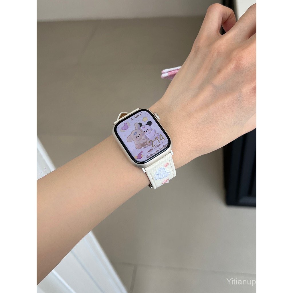 สมาร์ทนาฬิกา S9/8/7 /se/ 6/5/4/3/2/1ปักปีกสายหนังผ้าใบ38/40/41/42/44/45/49mm22mmสายรัด สายหนัง สาย