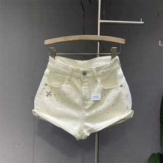Off-White Design Hot Diamond Denim Shorts Womens Hip-Lifting Long Curling Edge Wide-Leg Hot Pants Summer