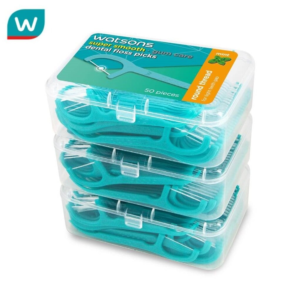 Watsons วัตสัน ซุปเปอร์ สมูธ ไหมขัดฟันเส้นกลม กลิ่นมิ้นท์ ชนิดด้าม 50 ด้าม แพ็ค 3 กล่อง