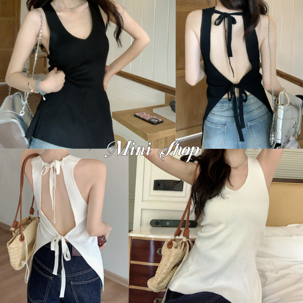Mini shop พร้อมส่ง (R28) เสื้อกล้ามไหมพรม ดีเทลผูกเว้าหลัง คอวี เซ็กซี่เบาๆ สไตล์เกาหลี ใส่สบาย
