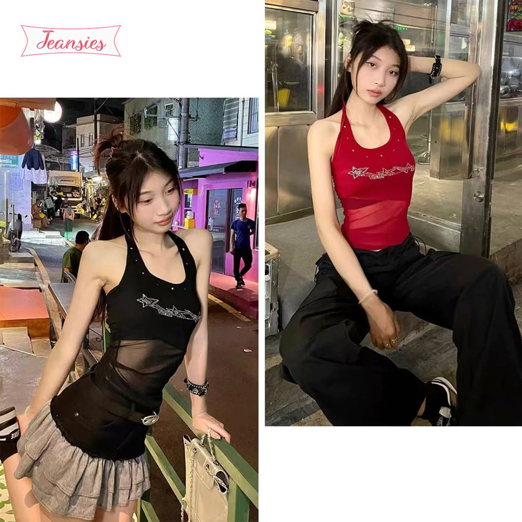เสื้อสายเดี่ยวผู้หญิงแบบพอดีตัว ตาข่ายผสมเพชร