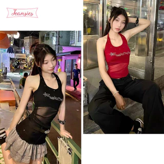 เสื้อสายเดี่ยวผู้หญิงแบบพอดีตัว ตาข่ายผสมเพชร