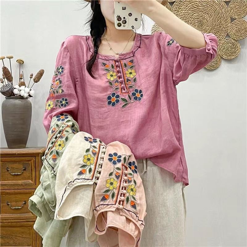 C CP ขนาดใหญ่ปักสไตล์ชาติพันธุ์เสื้อผู้หญิง 2025 ฤดูร้อนสไตล์ใหม่สาม Quarter แขน Tencel Retro วรรณกร