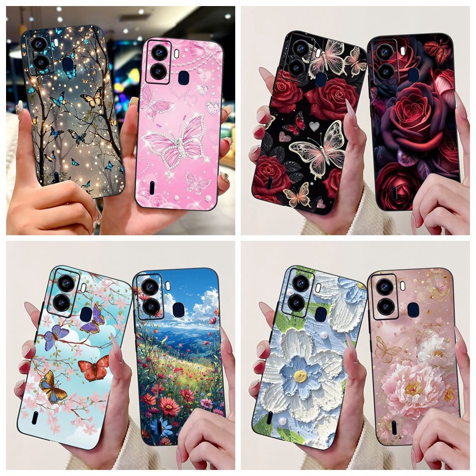 ปลอกสําหรับ Tecno Pop 6 BE7 กรณีผีเสื้อยอดนิยมดอกไม้ซิลิโคนสีดํานุ่ม TPU สําหรับ Tecno Pop 6 Pro BE8