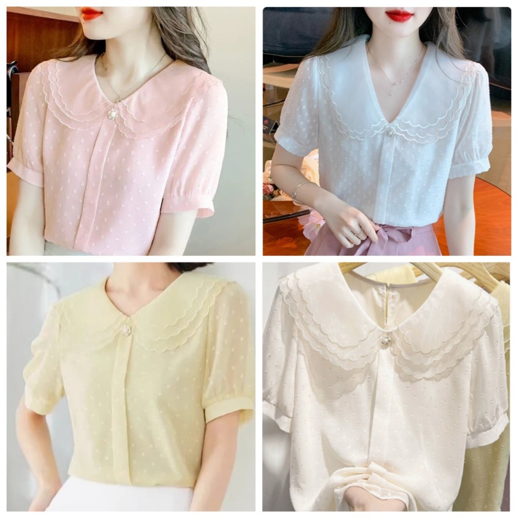 เสื้อชีฟองวินเทจสไตล์ฝรั่งเศสสำหรับผู้หญิงฤดูร้อนมาใหม่หลวมแสดงบางเสื้อสไตล์ต่างประเทศเสื้อคอตุ๊กตาแขนสั้นลำลอง