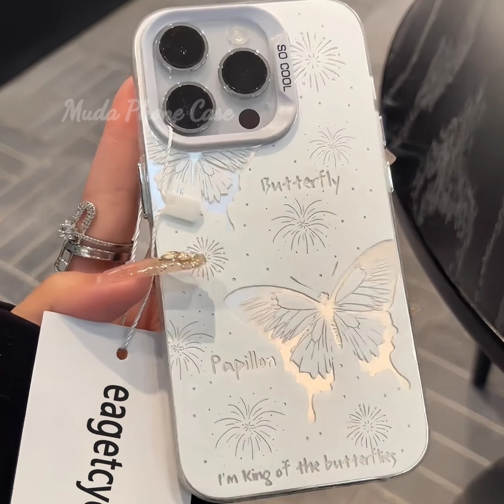 🔥COD🔥Case For iPhone 11 12 13 14 15 16 PRO MAX X XR XS MAX ผีเสื้อสะท้อนแสงสีขาว เคสโทรศัพท์มือถือ