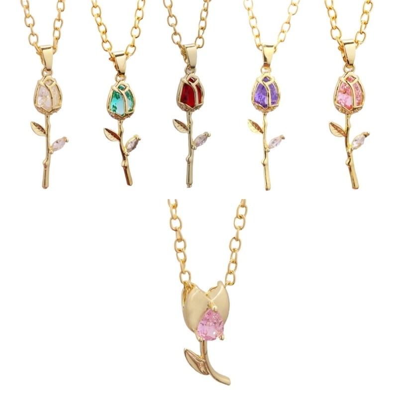 TNB สร้อยคอพร้อมจี้ดอกกุหลาบทิวลิปแฟชั่น Gold Finish สําหรับโอกาสพิเศษ