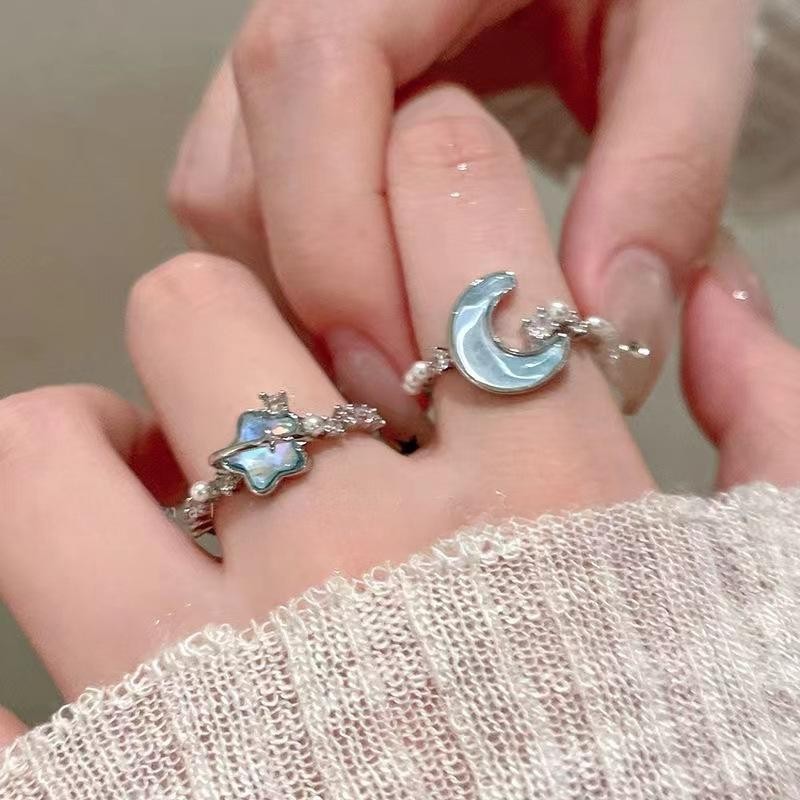 แฟชั่นเกาหลี Blue Star Moon Pearl Rhinestone แหวนนักเรียนหญิงเครื่องประดับของขวัญ