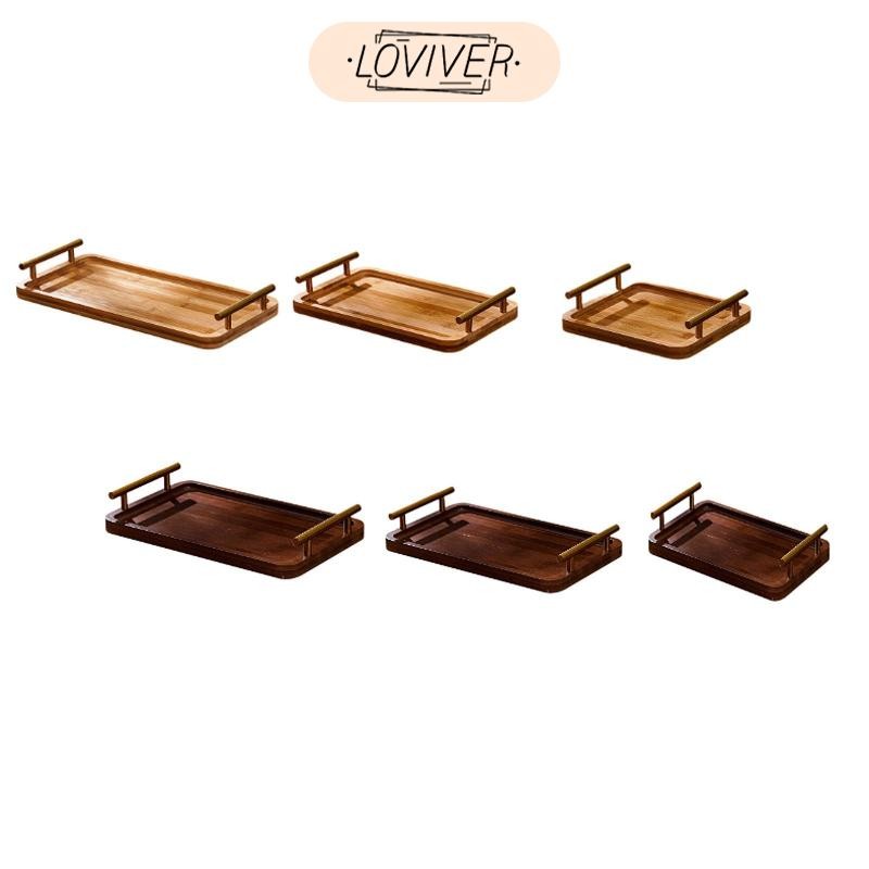 LOVIVER ถาดเสิร์ฟไม้พร้อมที่จับอาหารขนมเครื่องดื่มสี่เหลี่ยมถาดขนม