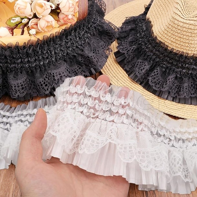 2Yard 7.5 ซม.กว้างสีดําและสีขาวตาข่ายลูกไม้ Tulle เย็บปักถักร้อยคู่ลามิเนตริ้วรอยลูกไม้ Trim Applique ผ้าริบบิ้น