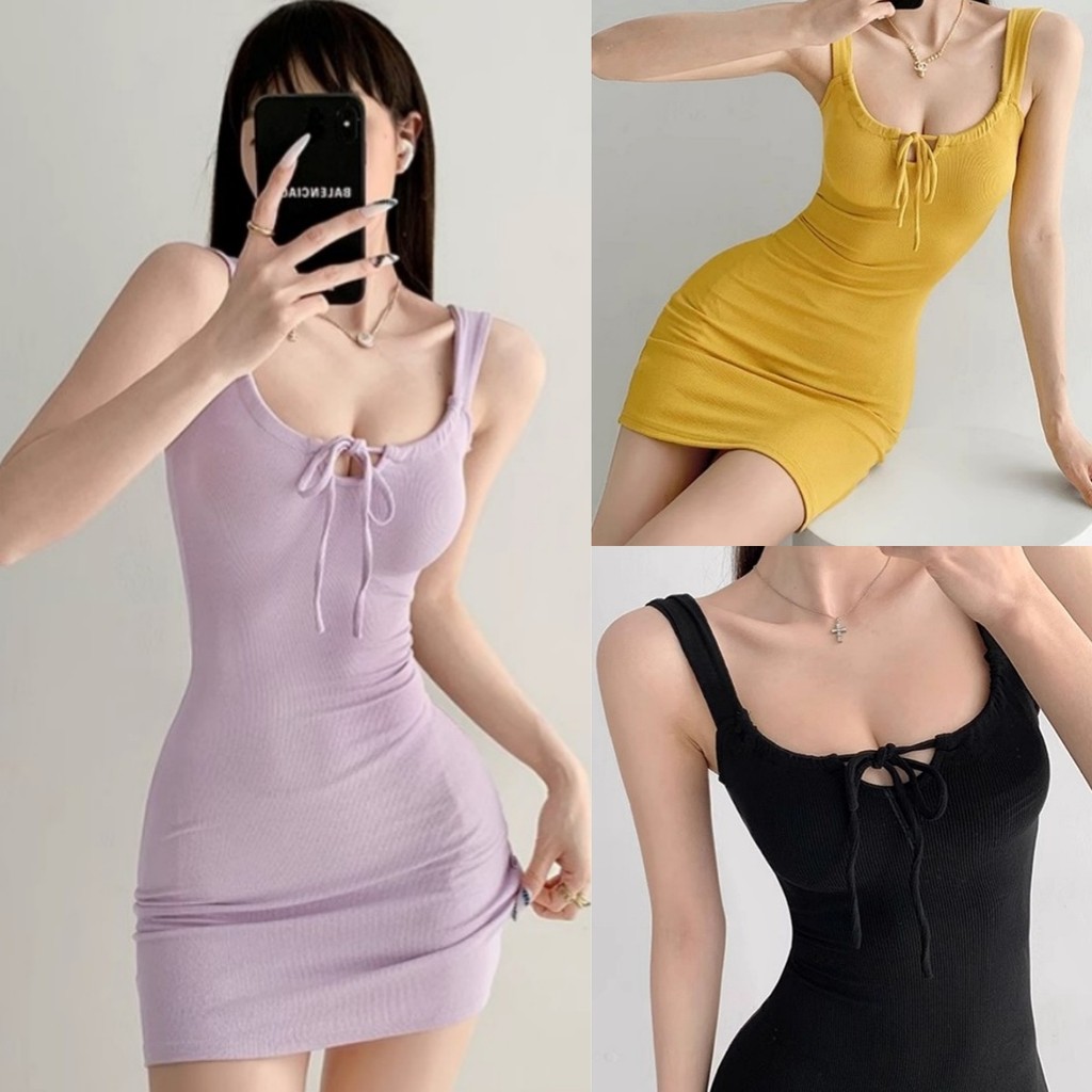 Suysuy พร้อมส่ง เดรสสั้น สายเดี่ยว แต่งเชือกรูดมัดอก สไตล์เกาหลี ผ้าเรยอน ยืดเยอะมาก ทรงรัดรูป แซ่บ เซ็กซี่มาก