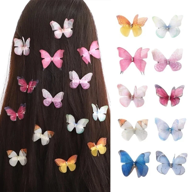 10 ชิ้นใหม่น่ารักเจ้าหญิงตาข่าย Double-layer ผีเสื้อสติ๊กเกอร์ติดผนังน่ารักสาว Hairpins เด็ก Headwear Hairgrip กิ๊บติดผมอุปกรณ์เสริมผมงานแต่งงานตกแต่ง