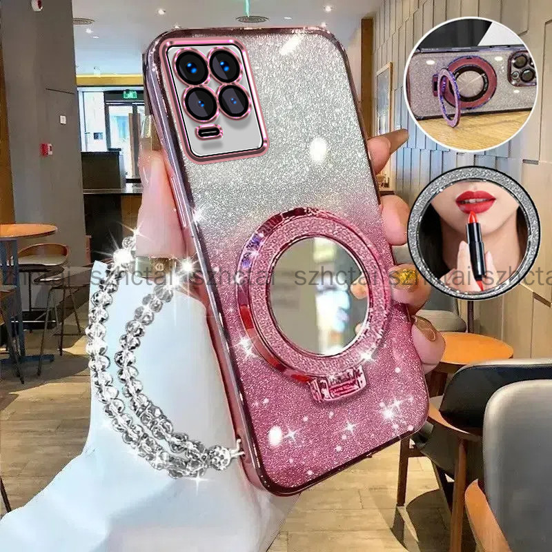 ปลอกRealme 8 4G Realme 8 5G Realme 8 ProหรูหราElectroplated Glitterเคสโทรศัพท์พร้อมความงามแต่งหน้ากระจกผู้ถือสร้อยข้อมือLanyard Soft Case
