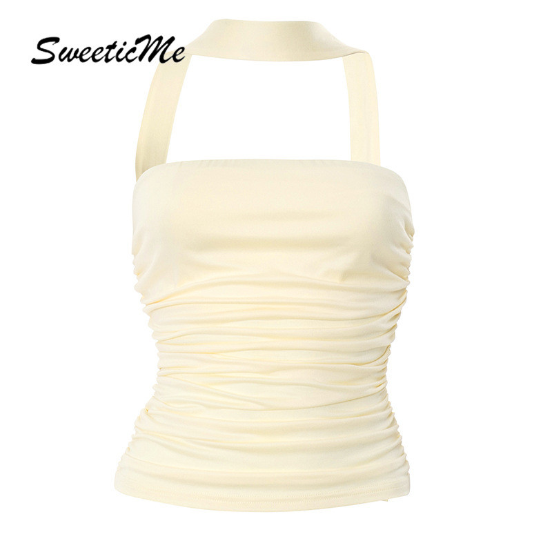 SweeticMe ผู้หญิง 2025 ใหม่แฟชั่นสีทึบ Crinkle Slim Fit Casual All Match เสื้อกล้าม Camisole