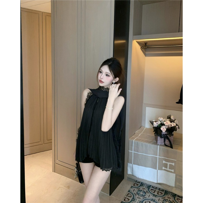 Classy Lace Stitching Streamer Halterneck Top เสื้อแขนกุดชีฟองหลวม - รูปที่ 5