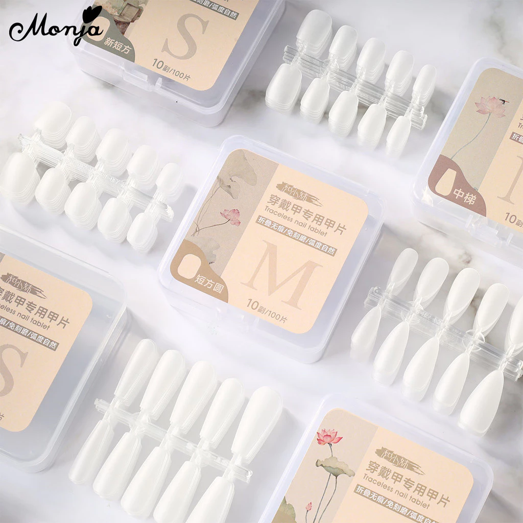Monja 100 ชิ้น/กล่องเล็บปลอม Matte PVC กดบนเล็บ คลุมทั้งหมดเล็บปลอมเคล็ดลับขยาย almond coffin nails