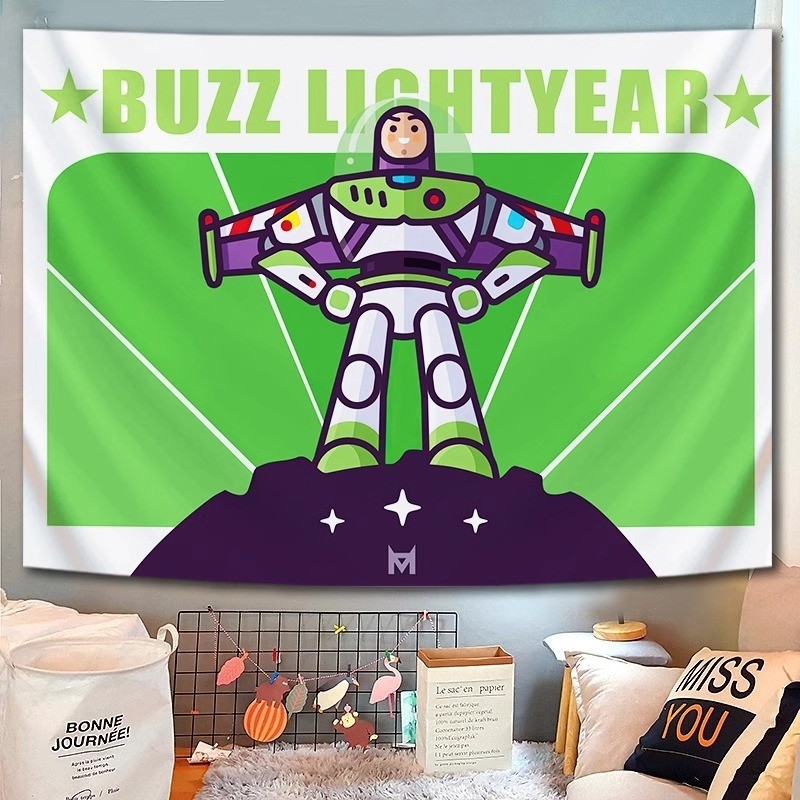 ผ้าแขวนอนิเมะ Toy Story ผ้าพื้นหลัง Buzz Lightyear Woody สำหรับตกแต่งห้องเด็ก