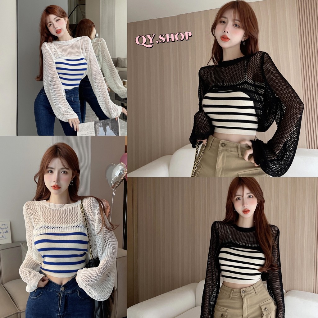 QY.Shop สินค้าราคาพิเศษ เสื้อสายเดี่ยว+เสื้อครอปถักตาข่าย ใส่สบายซีทนรูเบาๆ "5Y008/0562+0562-1"
