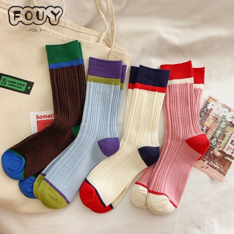 LequLight Luxury Color Matching Medium Tube Socks ผู้ชายและผู้หญิง Ins Tide Modern Retro ถุงเท้าซ้อนสาวสีชมพูถุงน่องผ้าฝ้าย