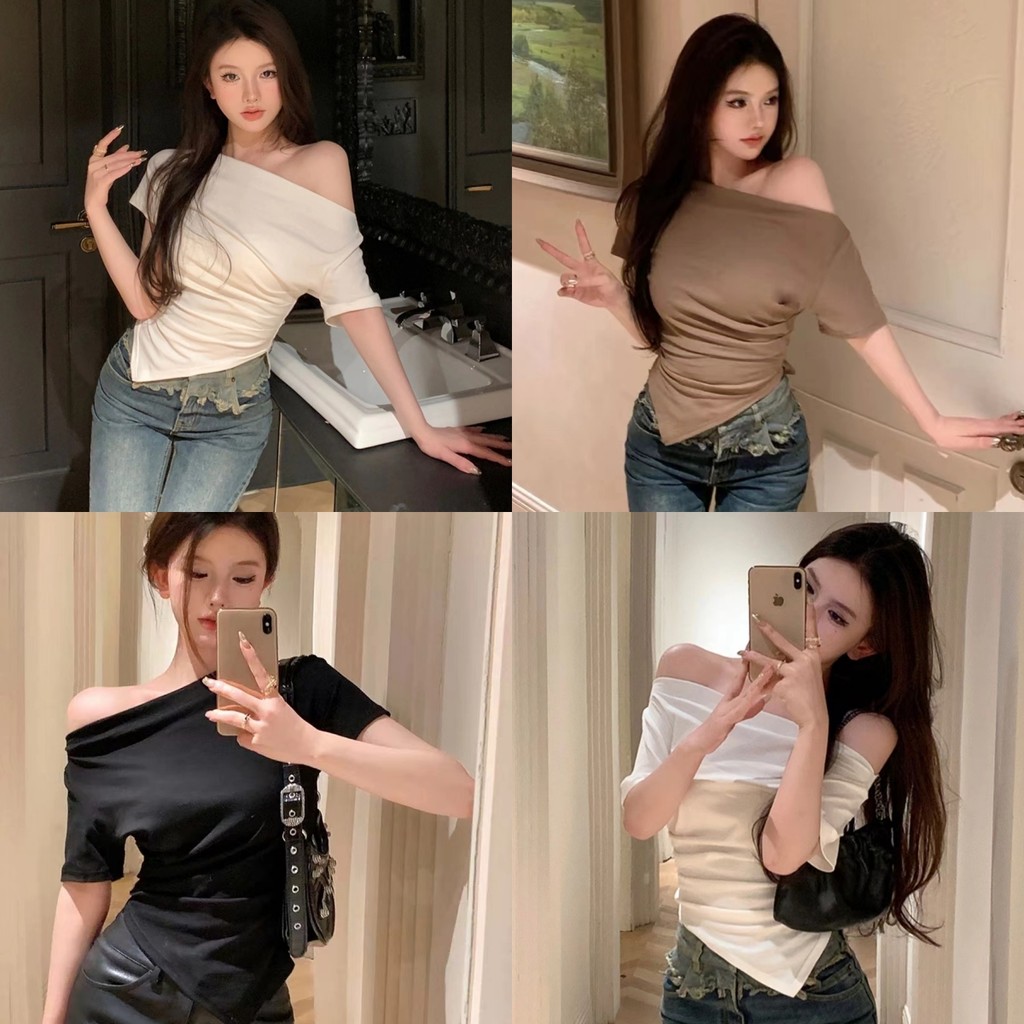 Evelyn เสื้อแขนยาว ดีเทลเปิดไหล่ สไตล์เกาหลี ทรงตามตัวปลายเฉียง เสื้อยืดผู้หญิง สีพื้น แฟชั่น ผ้าใส่สบาย#FY927