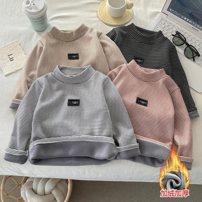80-170 เสื้อเด็กฤดูใบไม้ร่วงและฤดูหนาวเด็กชายและเด็กหญิงลายทางขนแกะแขนยาวชั้นฐานอบอุ่น