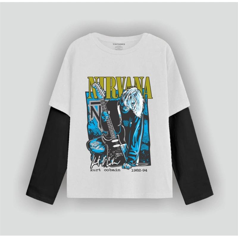 Yinyanks เสื้อยืด Double layer Nirvana kurt cobain เสื้อเชิ้ตแขนยาว man