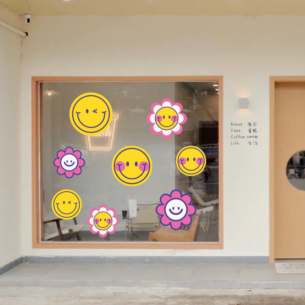 สติกเกอร์ประตูกระจกน่ารักหน้ายิ้มรูปแบบวอลล์เปเปอร์ออกแบบร้านค้ากระจกหน้าต่างตกแต่งเหมาะสําหรับห้องครัวห้องน้ําประตูคาเฟ่ร้านเสื้อผ้า