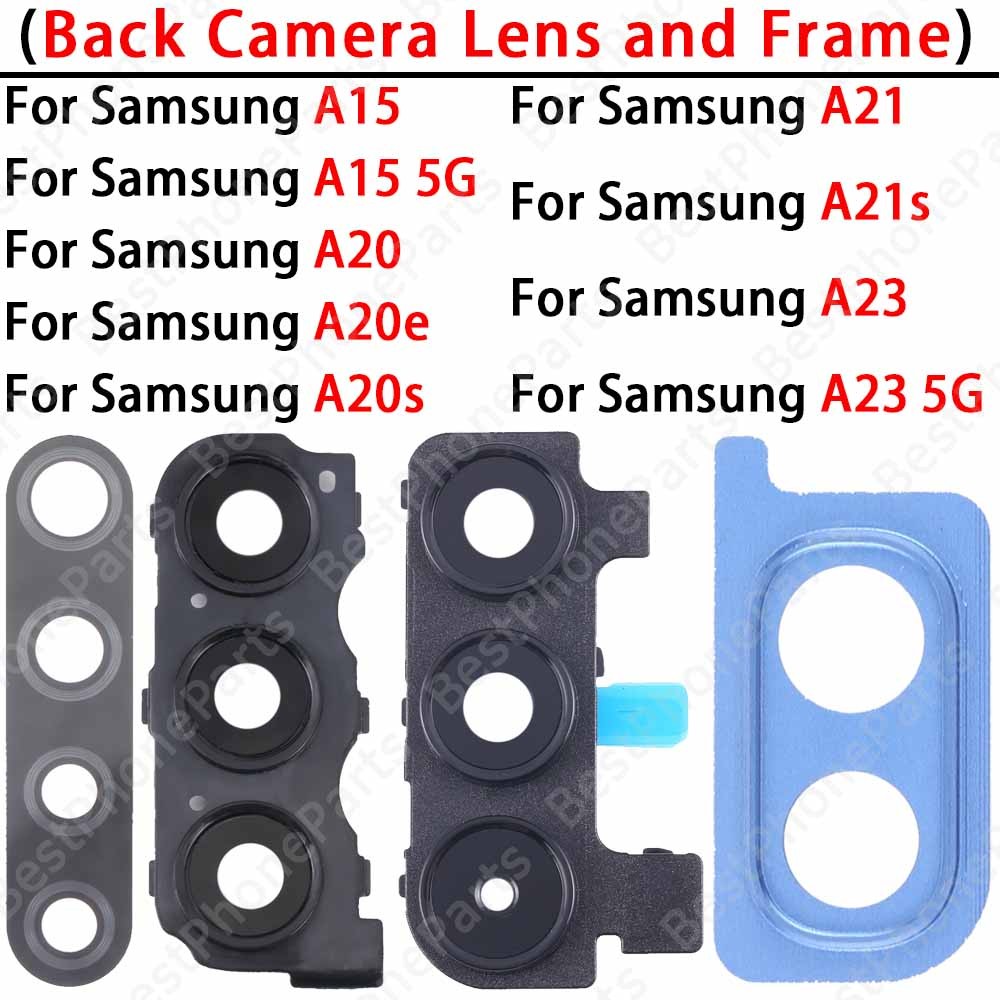 สําหรับ Samsung Galaxy A15 A20 A20e A20s A21 A21s A23 5G A155 A156 A235 กล้องด้านหลังกระจกกล้องด้านหลังเลนส์พร้อมกรอบ