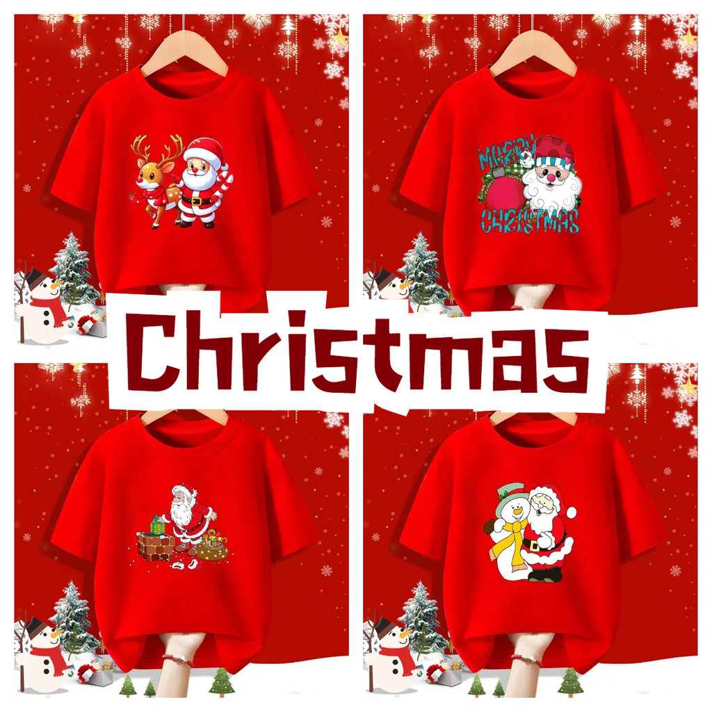 (จัดส่งตลอด 24 ชั่วโมง) เสื้อคริสต์มาสเด็กเสื้อยืดเด็กซานตาคลอส ที เด็กวัยหัดเดิน เสื้อยืด สวัสดีปีใหม่เสื้อผ้าท็อปส์