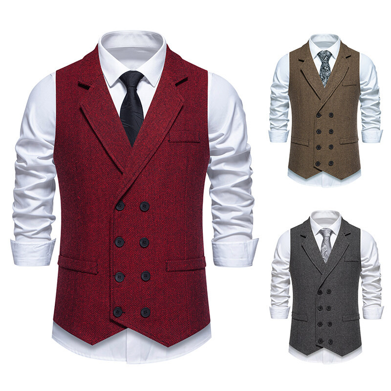 เสื้อกั๊กชาย Herringbone Woolen Suit Vest Retro Lapel Double Breasted Vest