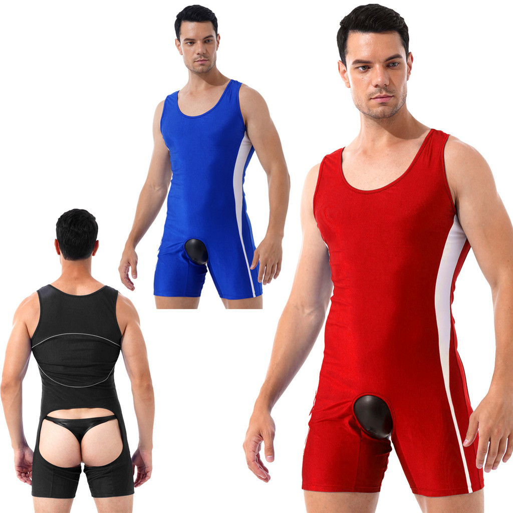 YOJOO ผู้ชายชิ้นเดียวเปิด Crotchless เปิดก้น Jumpsuit ชุดนอนบล็อกสี U คอแขนกุดบอดี้สูท