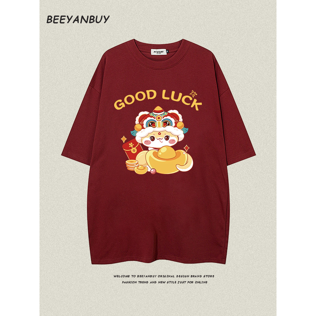 Beeyanbuy เสื้อ happy new year, เสื้อยืดลายงูการ์ตูนน่ารักสีแดงหลวมแขนสั้น #I003334