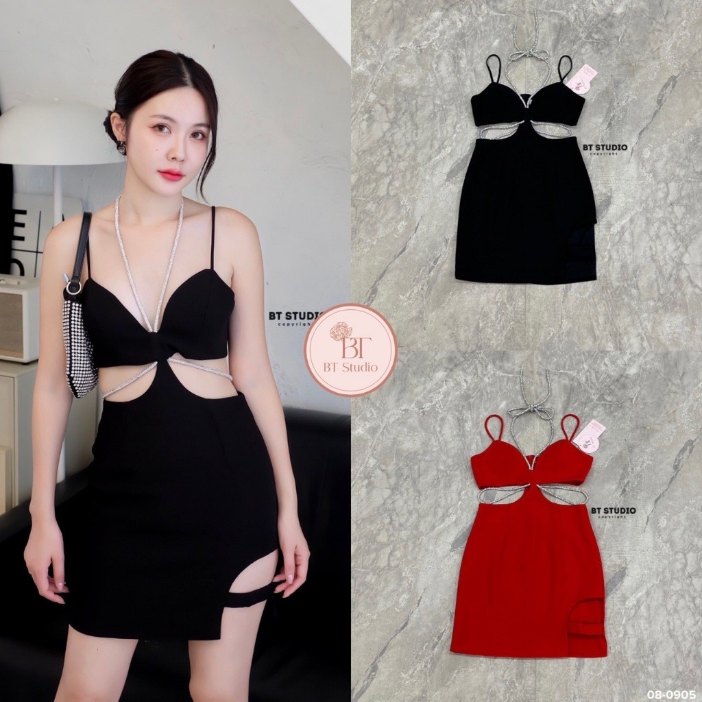 (xs-xl) (พร้อมส่ง) BT71-0905 เดรสสั้นสายเดี่ยวช่วงคอแต่งสายแต่งคล้องคอผูกหลัง อกเสริมฟองน้ำ เว้าเอวท