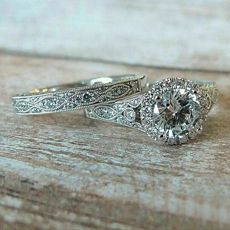 925 เงินสเตอร์ลิง Eternity งานแต่งงานชุดแหวนผู้หญิง Brilliant Cubic Zirconia 2 ชิ้น Elegant หญิงอุปกรณ์เสริม Luxury อินเทรนด์เครื่องประดับ