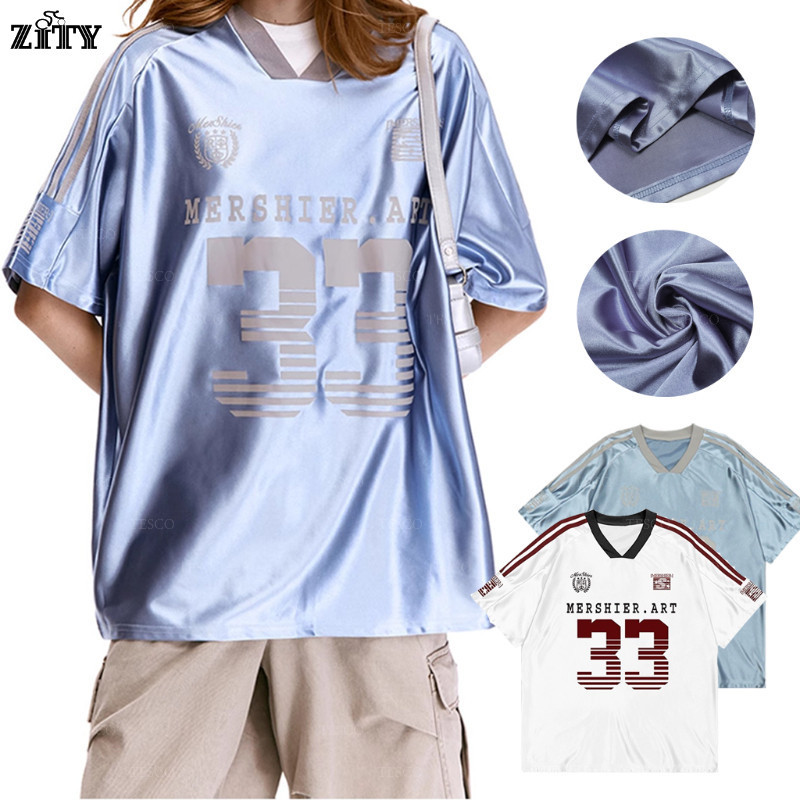 ZITY สไตล์วินเทจกีฬาขนาดใหญ่พิเศษสบาย ๆ คู่เสื้อยืดคอวีแขนสั้นหลวม ๆ Street Unisex เสื้อยืด