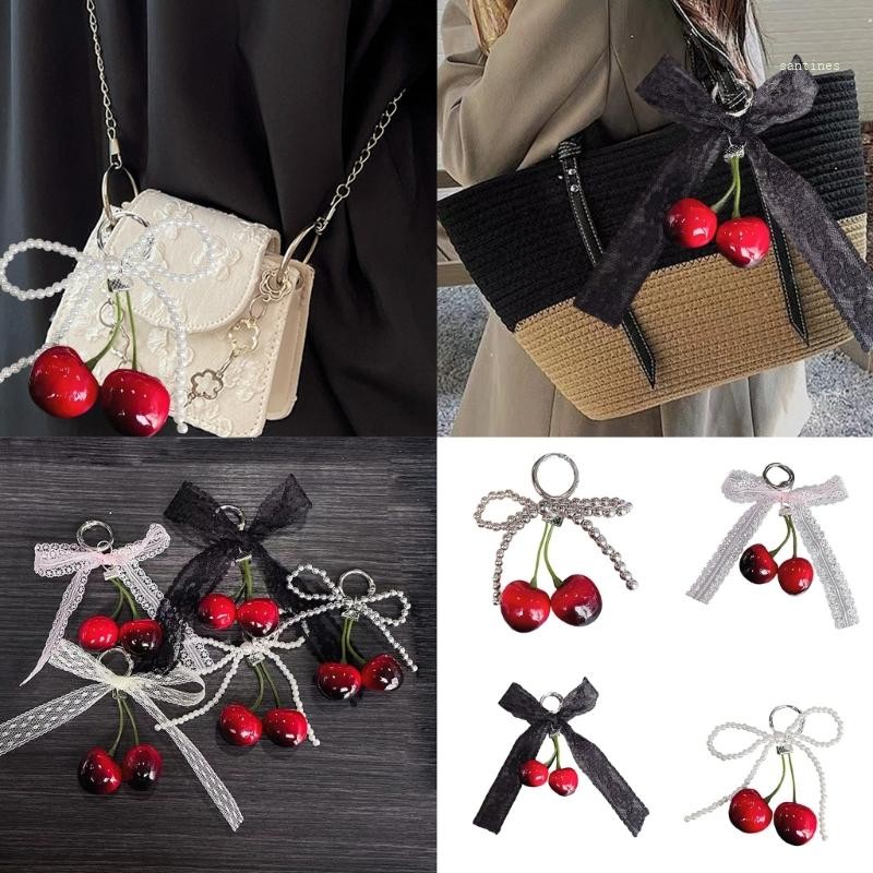 San* พวงกุญแจจี้เชอร์รี่พร้อมพวงกุญแจเชอร์รี่แฟชั่น Bowknot พร้อม Pearlescent Bowknot Accent สําหรับ Trendsetters