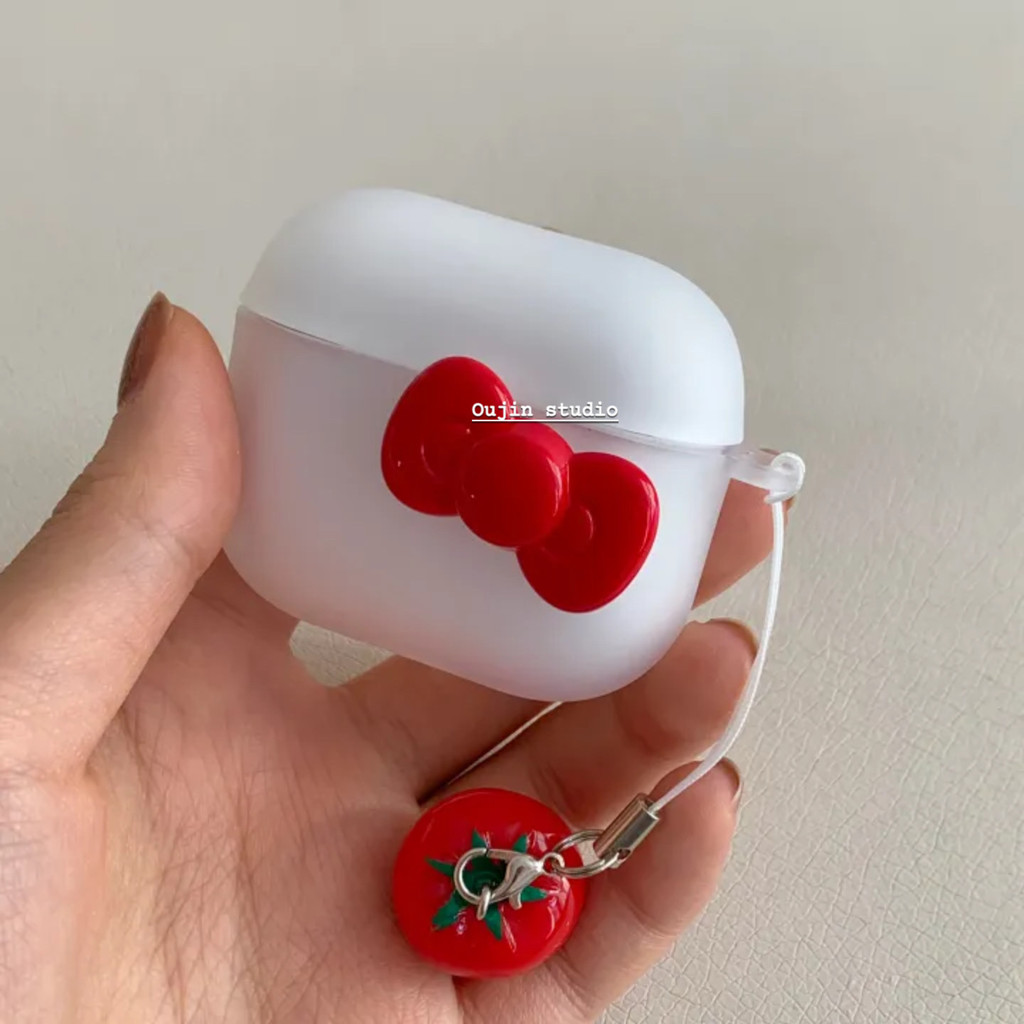 ญี่ปุ่นเกาหลีน่ารักสาวน่ารักชุดโบว์สีแดง มีน้ําค้างแข็ง หูฟังกรณีเหมาะสําหรับ แอร์พอด4/อากาศพอด มือโปร2/3รุ่นมะเขือเทศเครื่องประดับไร้สายบลูทูธป้องกันกรณีง่ายกึ่งแ