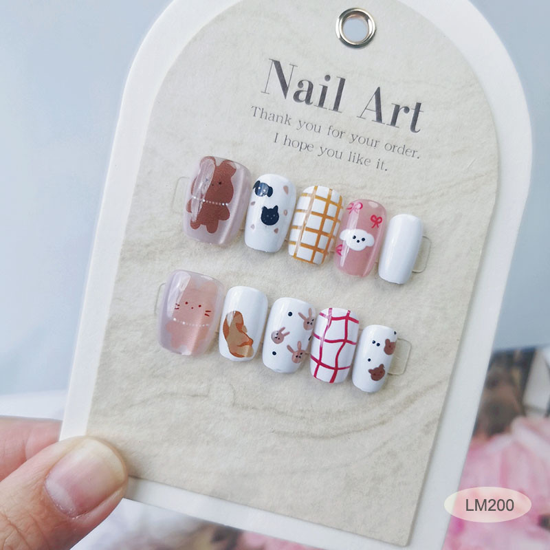 10ชิ้นแมวตาที่ทําด้วยมือกดบนเล็บเงาเล็บปลอมที่มีวุ้นสติกเกอร์ LM200