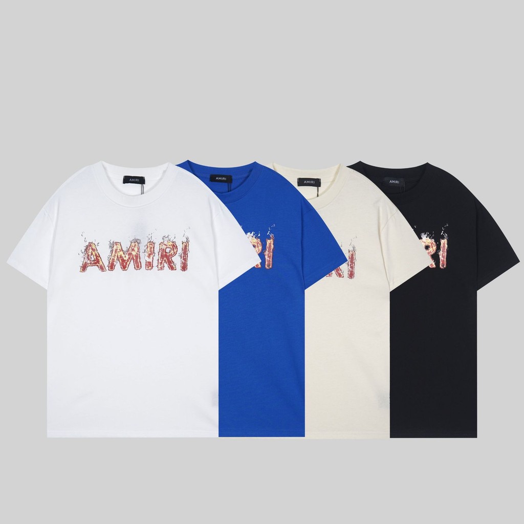 Street Wear AMIRI แขนสั้นสไตล์ใหม่ Simple Flame Letter AMIRI Graffiti พิมพ์เสื้อยืด