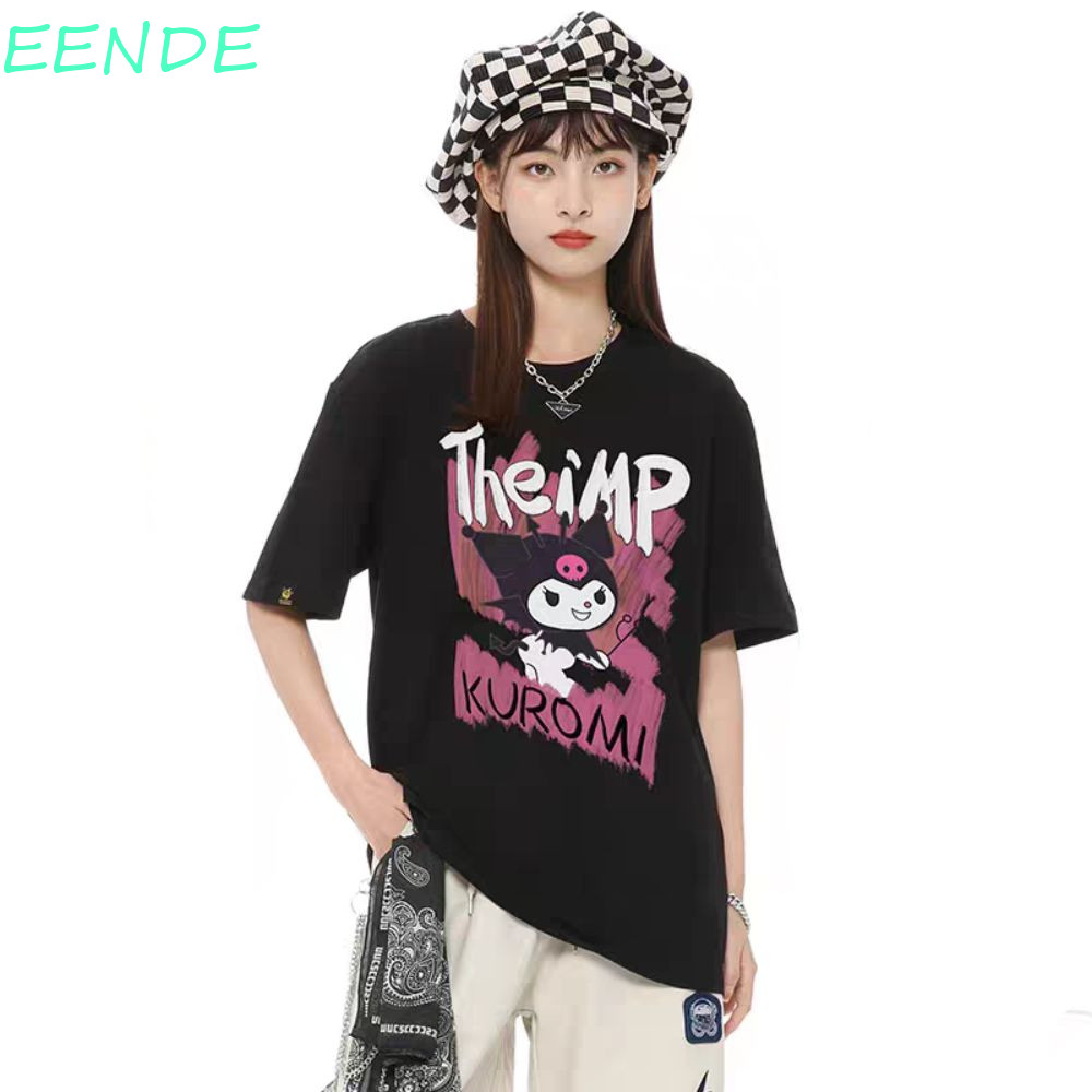 Eende การ์ตูน Kuromi แขนสั้นด้านบน,สีดํารอบคอ Kuromi พิมพ์เสื้อยืด,แฟชั่นหลวม Y2k Letter Travel