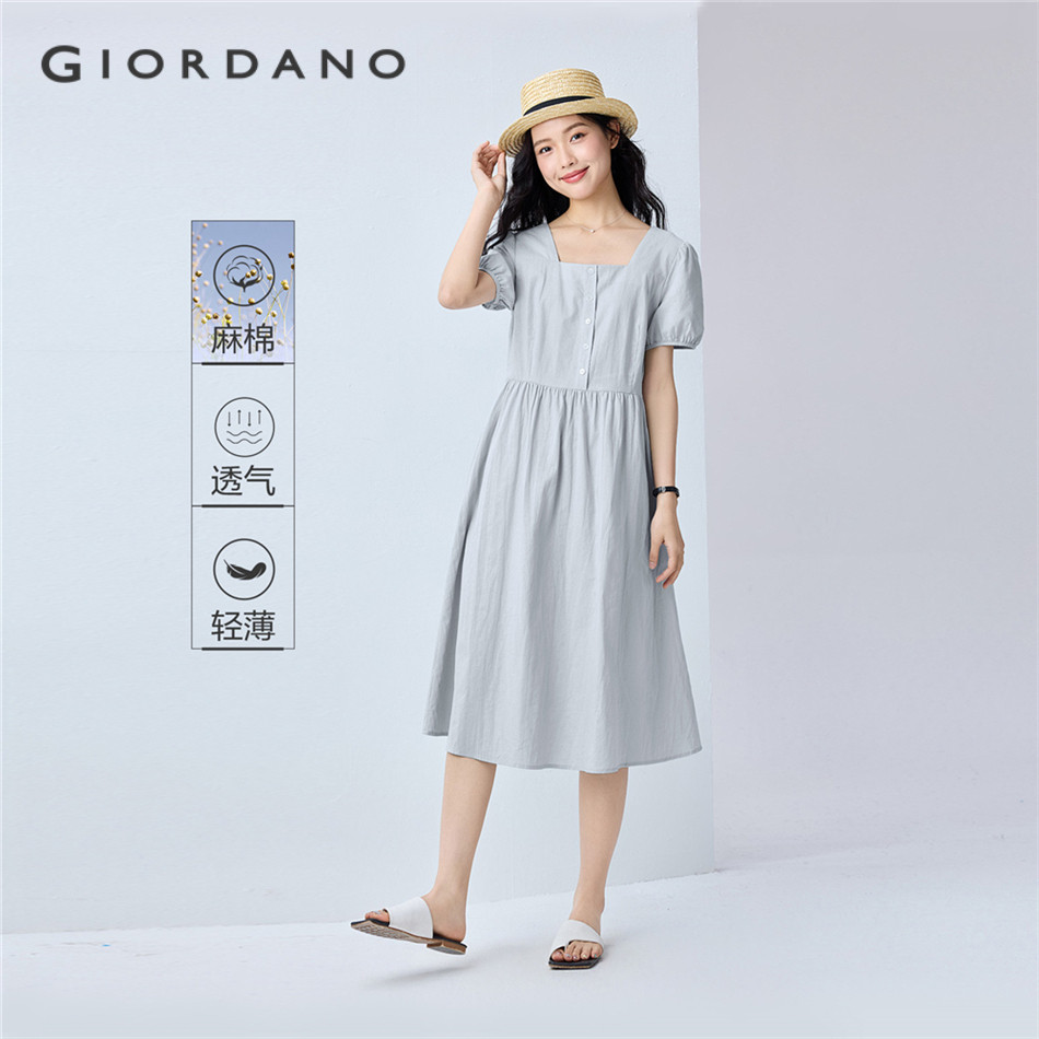 GIORDANO WOMEN Linen cotton square neck short puff sleeve dress 13465354