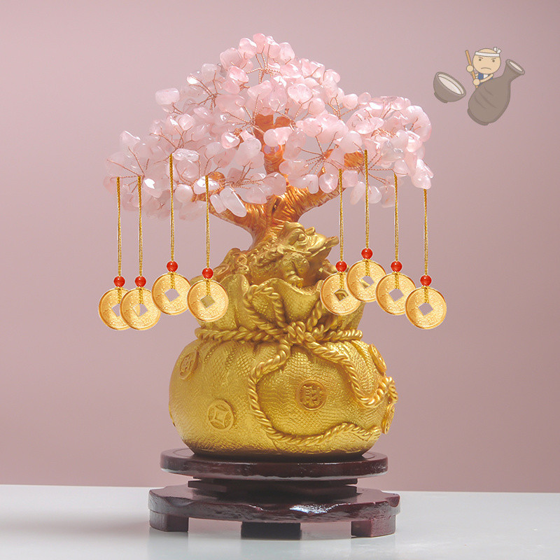 Orianos คริสตัลสีชมพูเงิน-ไม้เครื่องประดับต้นไม้ Lucky Tree บ้านตู้ไวน์ตกแต่งห้องนั่งเล่นหัตถกรรม Fortune Tree